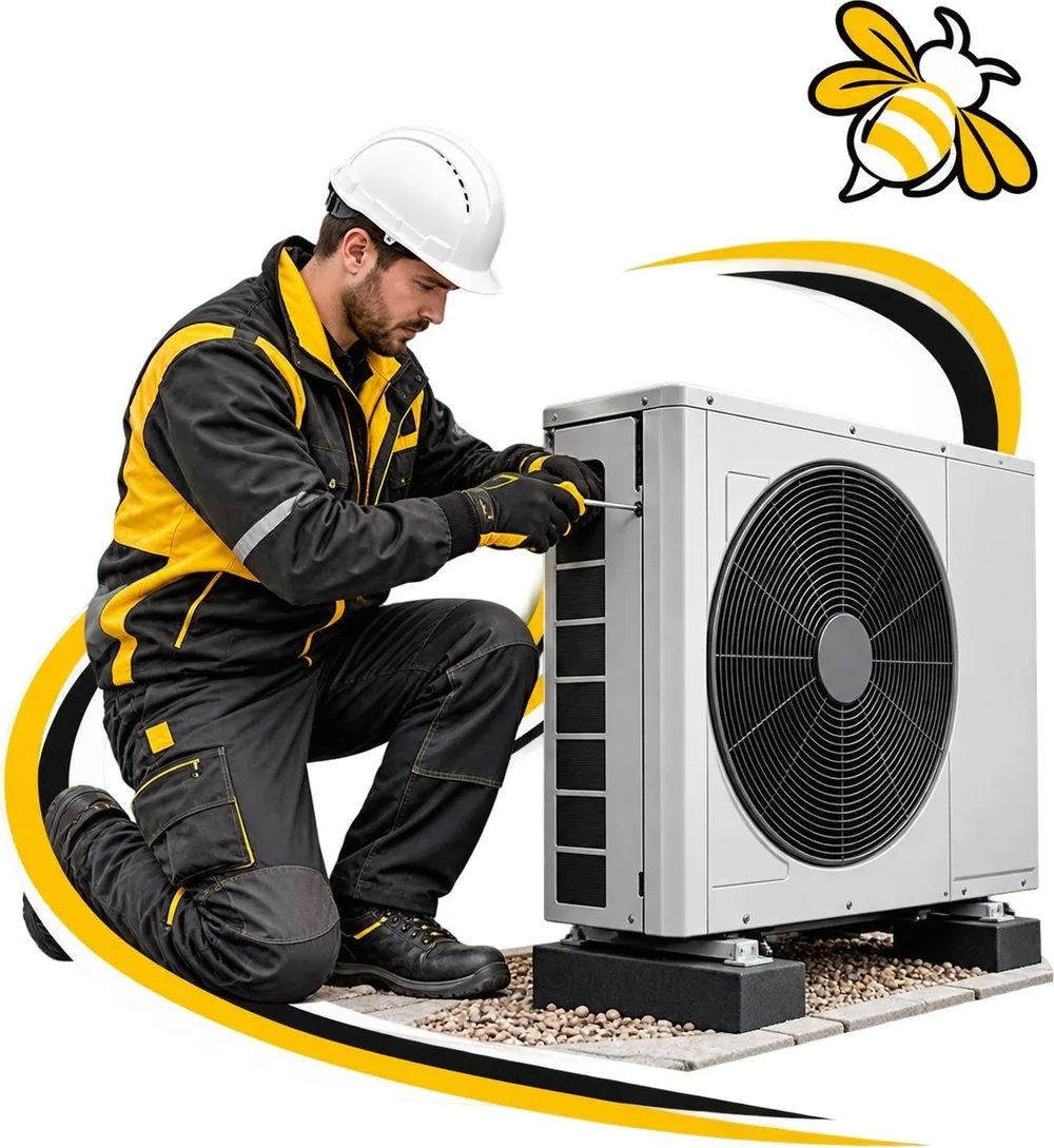 Energy Bee engineer installing an air source heat pump outside a home