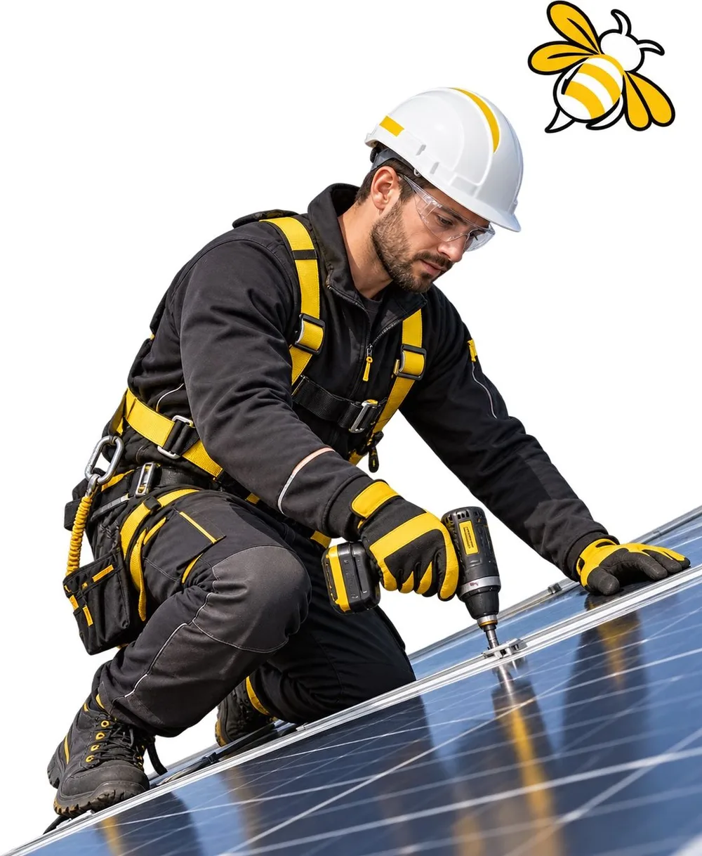 Energy Bee engineer fixing solar panels to a roof
