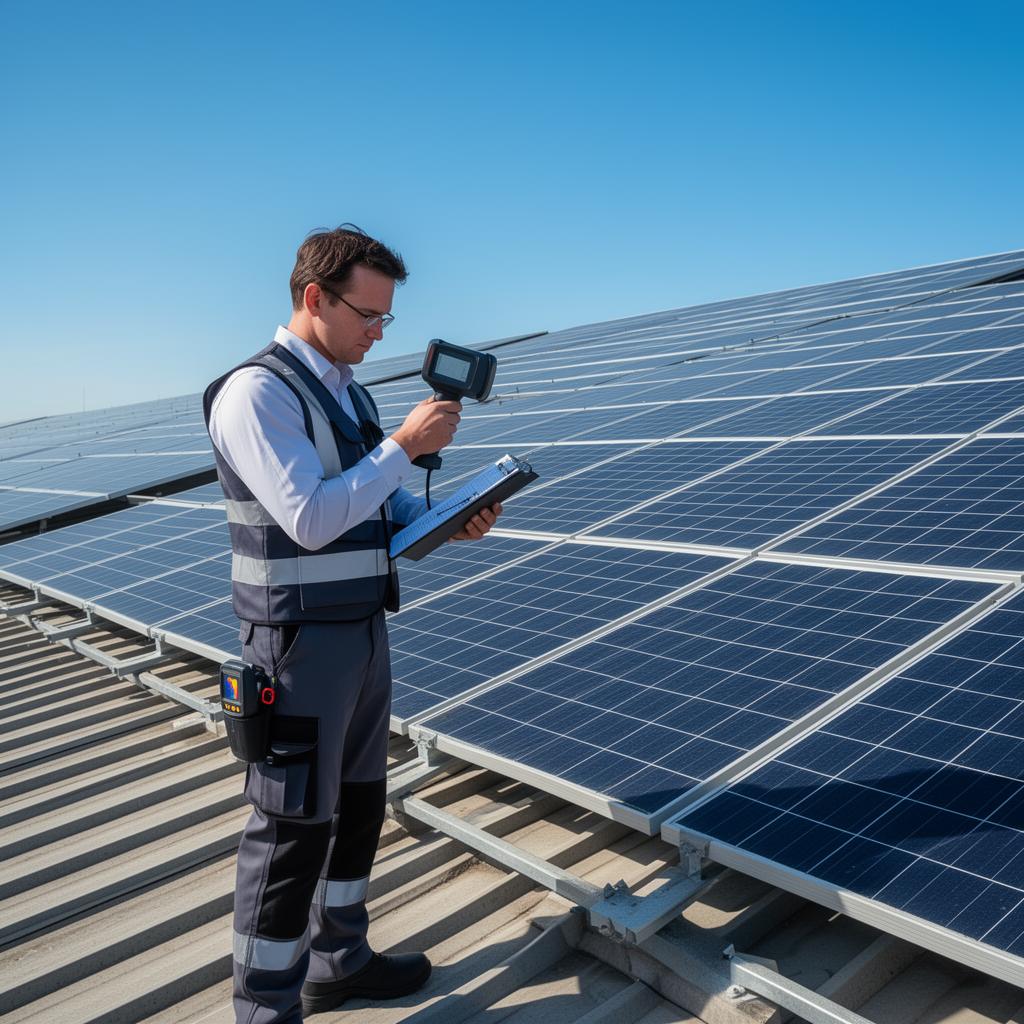 A surveyor in workwear checking a large rooftop solar array with a handheld meter